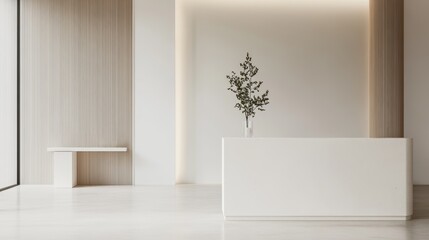 Fototapeta premium A serene interior featuring a minimalist reception desk, modern decor, and a decorative plant under soft, ambient lighting.
