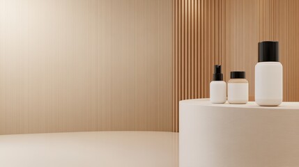 Elegant display of minimalist cosmetic bottles on a smooth pedestal against a warm, wooden background, perfect for beauty branding.