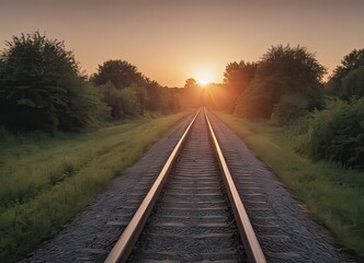 Fototapeta premium The sun is slowly setting behind the distant train tracks in view