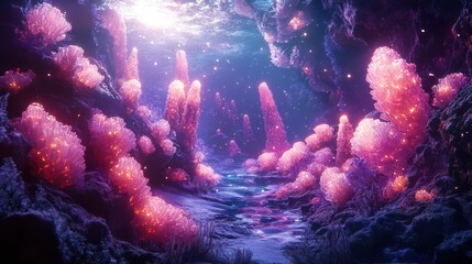 Ethereal underwater scene with vibrant pink coral formations and shimmering particles, creating a dreamlike and otherworldly atmosphere.