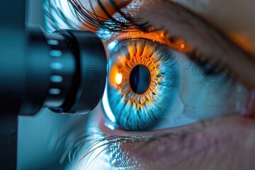 Close-up of a human eye being examined with a medical device. The iris is visible in detail, with a reflection of light.