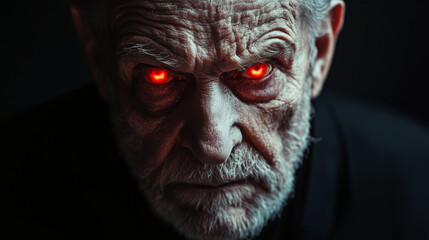 Elderly Man with Glowing Red Eyes and Menacing Expression in Dark Setting