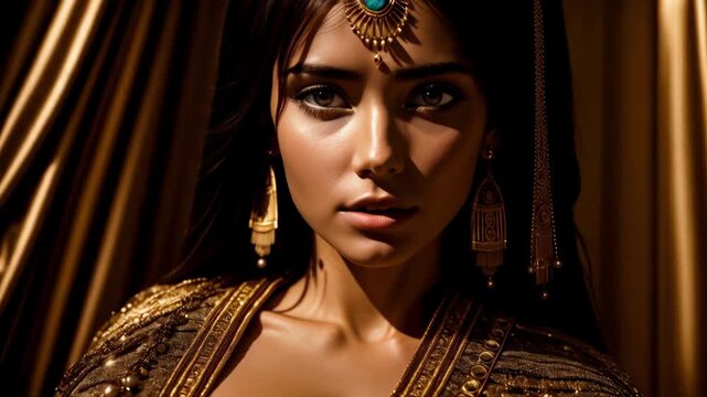 A stunning portrait of a woman dressed as an oriental ancient queen or princess, adorned with intricate golden jewelry and a regal headpiece. Ideal for themes of royalty, history, beauty, and luxury