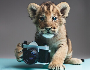 3d paste color full view baby lion holding camera on white background