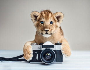 3d paste color full view baby lion holding camera on white background