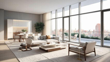 modern open living room with panoramic view and floor-to-ceiling windows