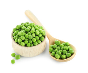 Fresh green peas in bowl and spoon isolated on white