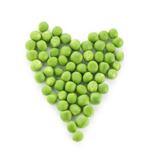 Heart shape made of fresh peas isolated on white, top view