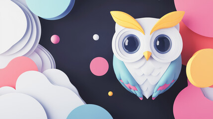 Fototapeta premium Abstract white background with pastel colorful 3D abstract background overlap layer on dark space with owl decoration. Modern graphic design element motion style concept for banner, flyer, card, br