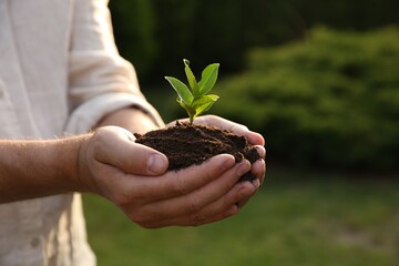 Man holding seedling with soil outdoors, closeup. Space for text