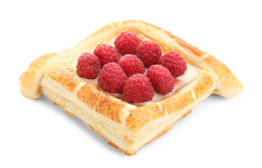 Tasty puff pastry with raspberries isolated on white