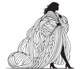 Woman in big knitted voluminous plaid. Fashion illustration