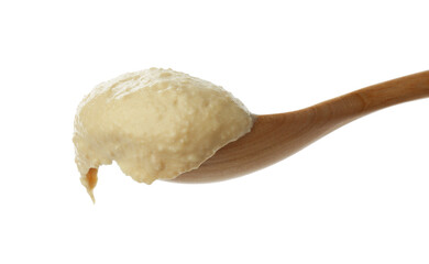 Spoon with delicious hummus isolated on white
