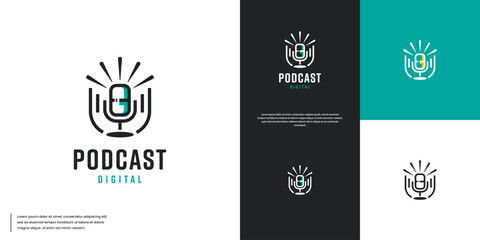 Naklejka premium podcast microphone, with sound wave visuals, classic style, logo design illustration.