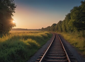 The sun is slowly setting behind the distant train tracks in view