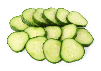 Pile of fresh cut cucumber slices isolated on white