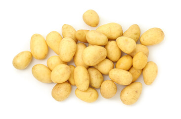 Pile of fresh young potatoes isolated on white, top view