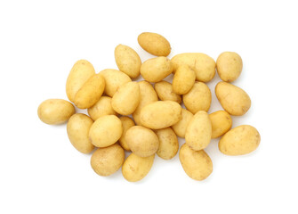 Pile of fresh young potatoes isolated on white, top view