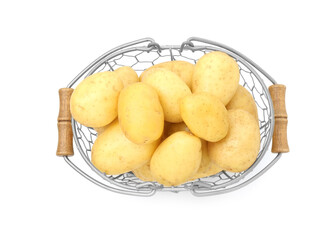 Young potatoes in metal basket isolated on white, top view