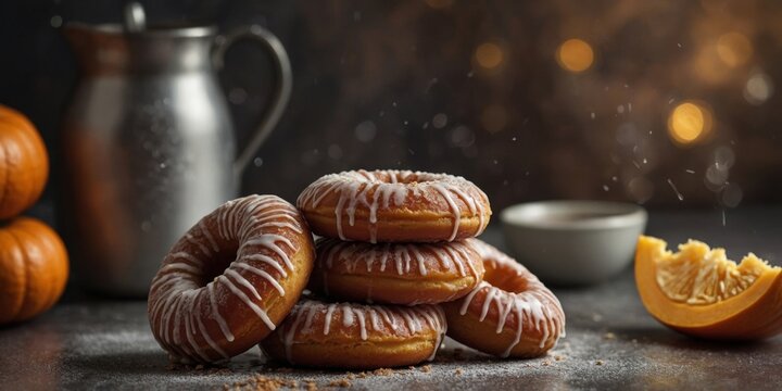 A stack of organic pumpkin e donuts with a dusting of cinnamon sugar and a drizzle of glaze.