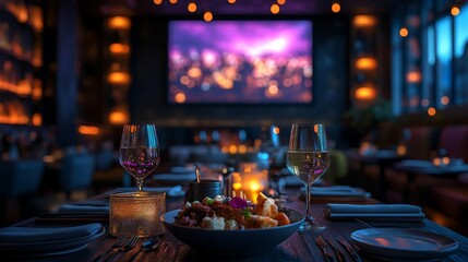 small restaurant with Cocktails, gourmet food and dark background. 