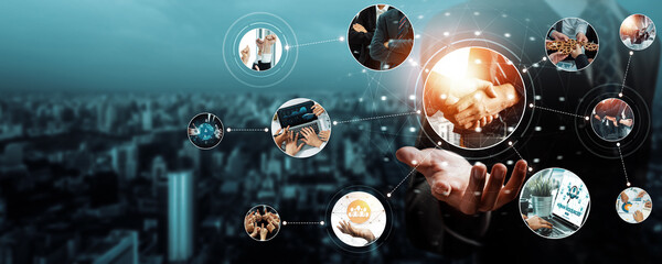 Fototapeta premium Teamwork and human resources HR management technology concept in corporate business with people group networking to support partnership, trust, teamwork and unity of coworkers in office kudos