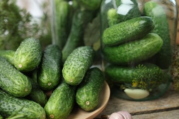 Fresh cucumbers on wooden table, closeup. Preparation for pickling