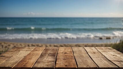 Fototapeta premium Empty wooden table using blurred sunny beach background.