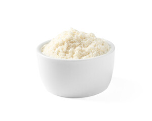Fresh coconut flour in bowl isolated on white