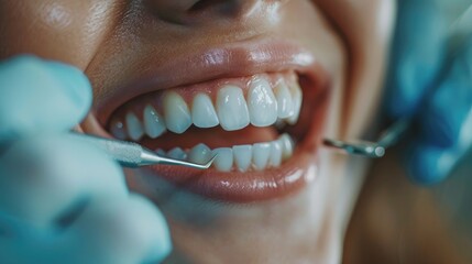 Close-up of a patient's mouth during a dental examination.  The dentist uses tools to check the teeth.  Focus on healthy teeth and gums.