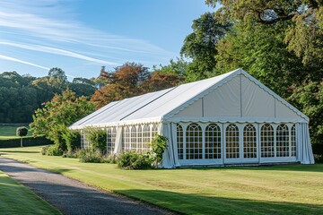 Obraz premium A white wedding marquee with clear windows sits on a grassy lawn.