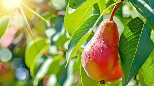 Ripe Juicy Pear on a Tree on a Sunny Day, Vibrant and Fresh, Harvest Season