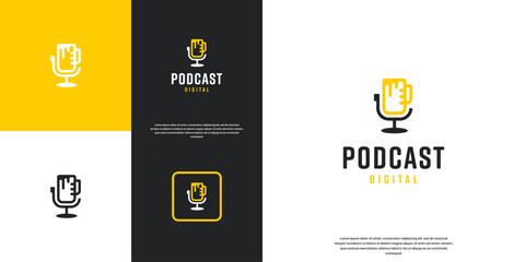 podcast logo microphone with drinking glass , sharing experience , vector graphic design.