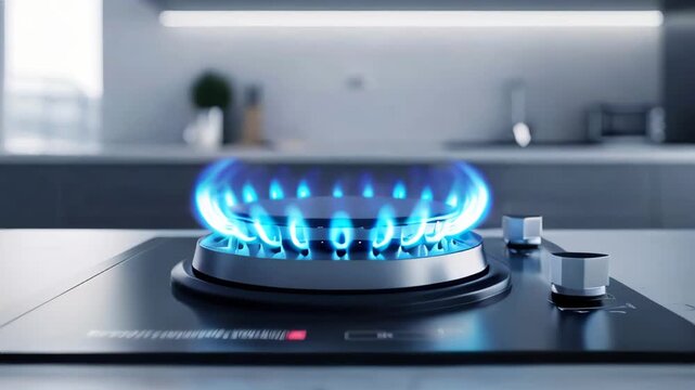 A modern kitchen in 4K UHD with a gas stovetop's burners ignited, showcasing a sleek design and vivid blue flames. The background includes kitchen utensils and a modern backsplash