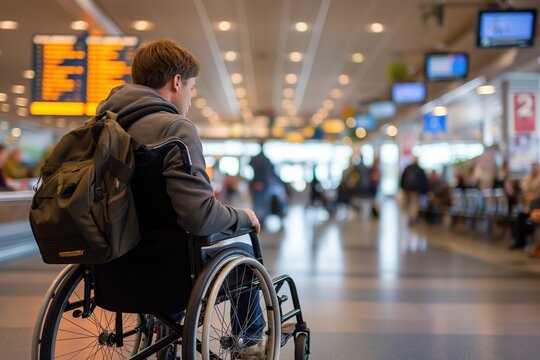 A man in a wheelchair waits at an airport terminal, waiting for his flight.