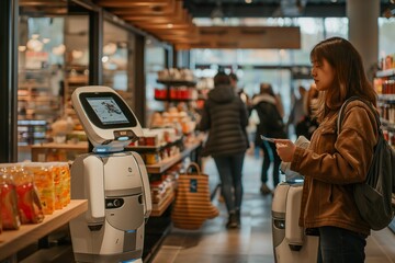 A woman examines products in a store while interacting with an automated shopping assistant.