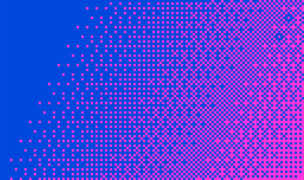 Pixelated bitmap gradient texture. Neon blue and pink dither pattern background. Abstract glitchy pattern. 8 bit video game screen wallpaper. Pixel art retro vector Illustration.