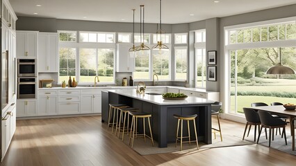 Design a kitchen mockup with different layouts for the island, dining table, appliances, and storage units, in contemporary and sleek styles