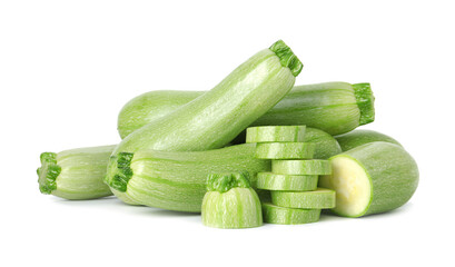 Fresh whole and cut zucchinis isolated on white