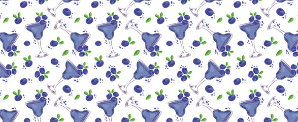 Abstract pattern with blueberries. Blue berry cocktail on white background. Vector seamless wallpaper with drink. Print for packaging, wrapping paper, textile, fabric