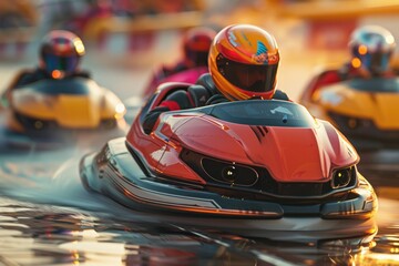 Fototapeta premium Futuristic Racing Team Navigating a Vibrant Water Course at Sunset