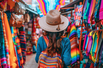 Obraz premium A traveler exploring a vibrant city market with colorful stalls