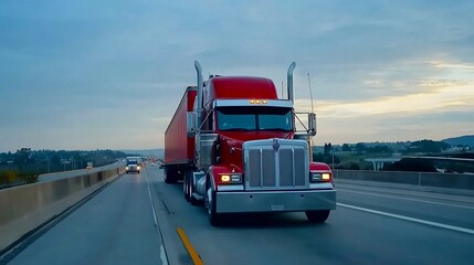 Red Semi-Truck on the Highway at Dusk