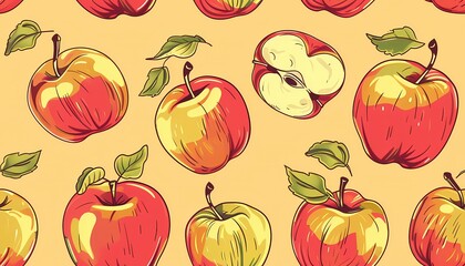A seamless pattern featuring red apples with yellow highlights on a yellow background.