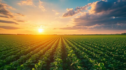 Sunset over a lush green field with crop rows stretching into the horizon