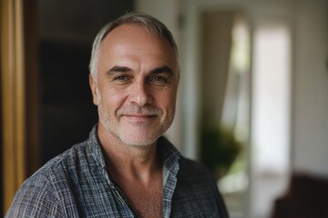 Fototapeta premium Older Man Headshot. Smiling Middle-Aged Man Posing for Happy Headshot Portrait