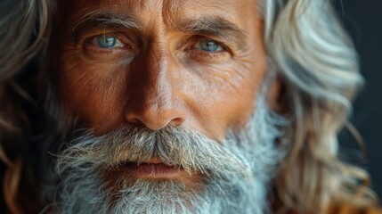 Close-up Portrait of a Man with Long Grey Hair and Blue Eyes