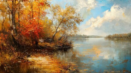 Beautiful autumn landscape with colorful foliage by a calm lake under a clear blue sky