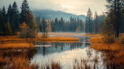 Fototapeta premium Autumn reflections in a serene lake surrounded by misty mountains and colorful foliage