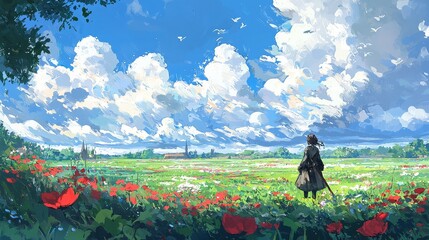 Fototapeta premium A solitary figure gazes across a vibrant, flower-filled landscape under a bright blue sky